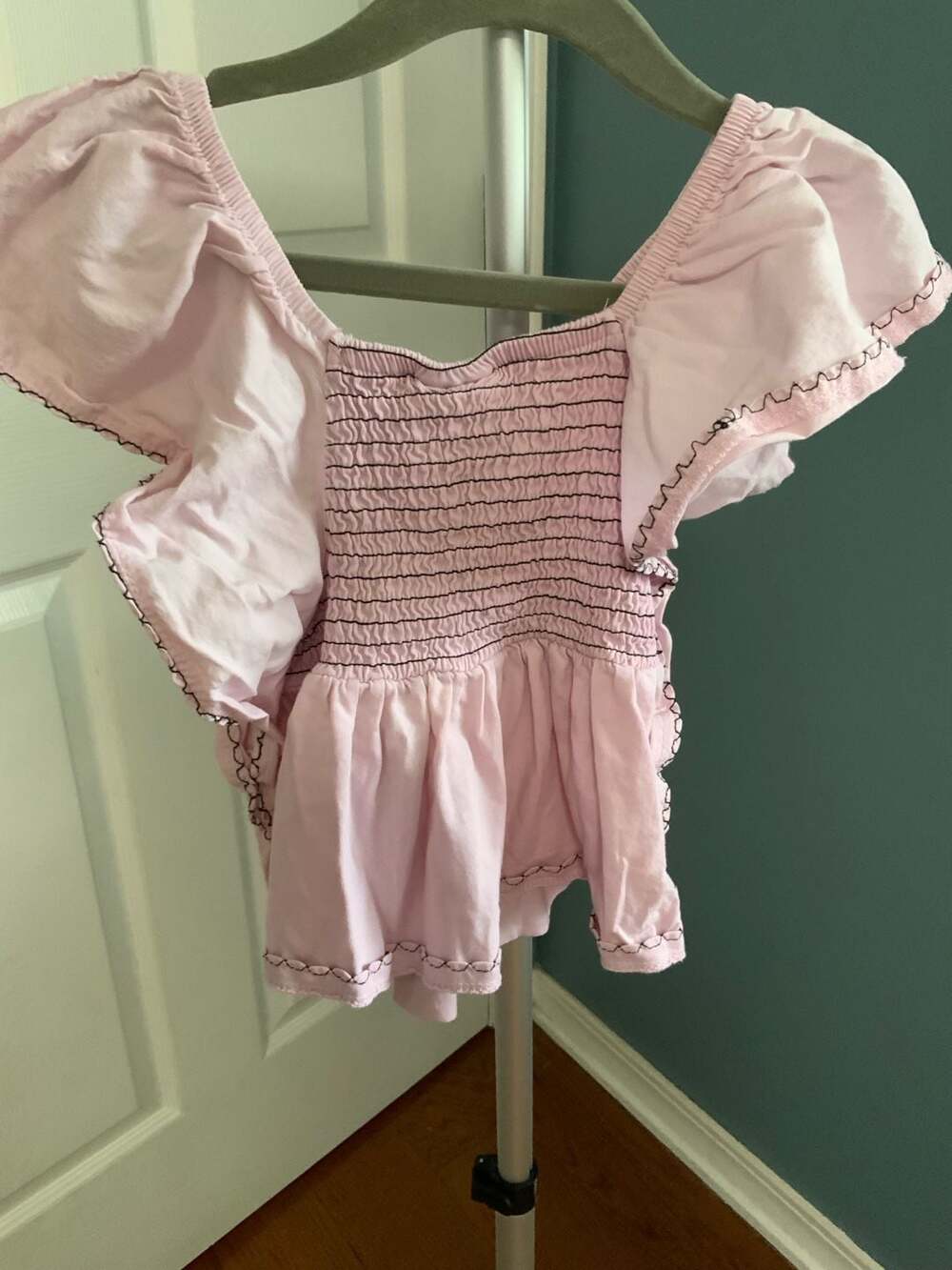 Zara Smocked Blouse Size 6-7 Pink Cotton Short Sleeve